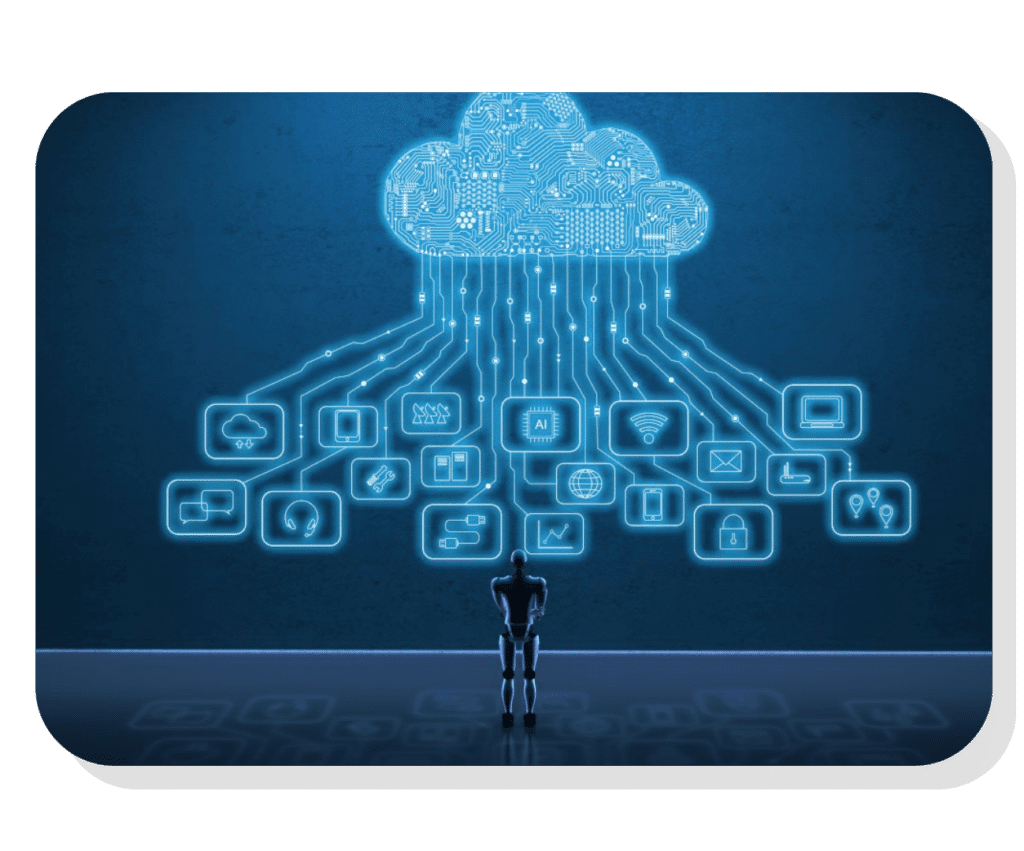a man standing in front of a AI cloud